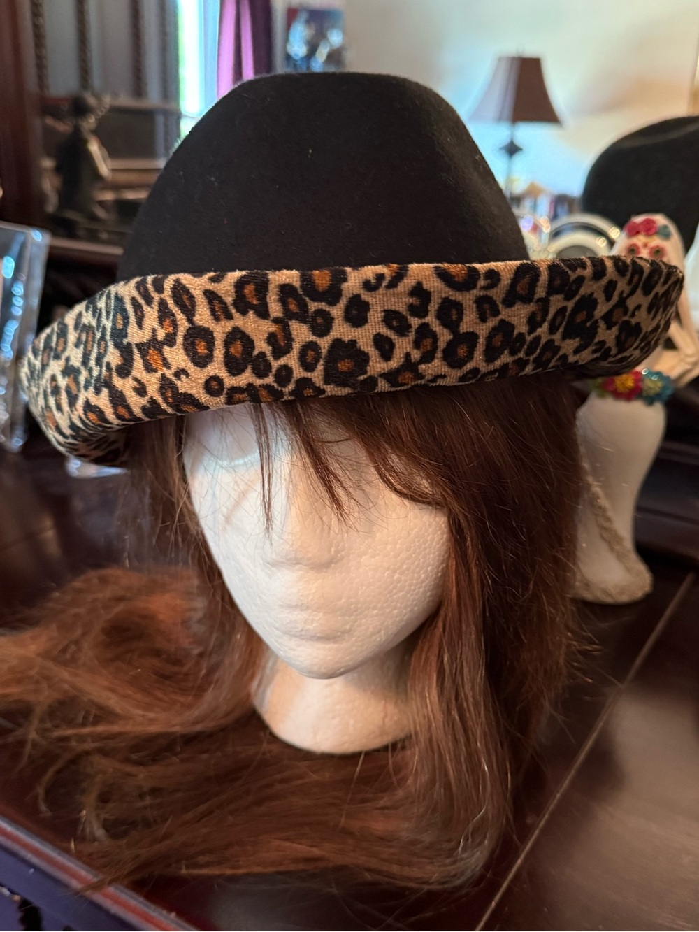 Black Wool Hat with Leopard Print Brim